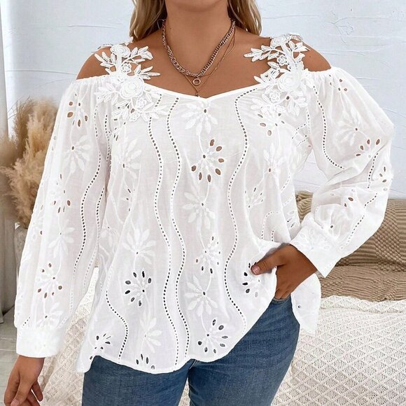 Tops - White Casual Women's Plus Size Cold Shoulder Blouse